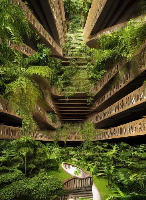 Image similar to “beautiful Amazon forest architecture building , the building is in a forest while there’s a heavy storm, luxury architecture, architecture digest, raining environment, bright tones, fluorescent lighting,volumetric Lighting, photorealism, high detail, golden ratio, cinematic, octane renderer”