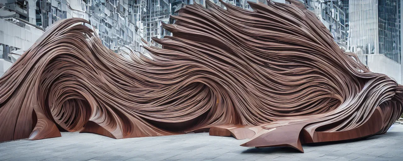 Prompt: massive futuristic techno graffiti sculpture made of mahogany, by zaha hadid, in a city square, depth of field, XF IQ4, 150MP, 50mm, F1.4, ISO 200, 1/160s, natural light