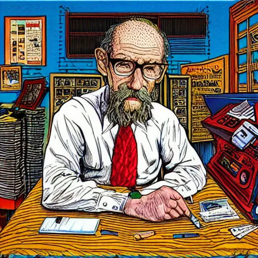 Prompt: The Artwork of R. Crumb and his Sad Accountant, pencil and colored marker artwork, trailer-trash lifestyle