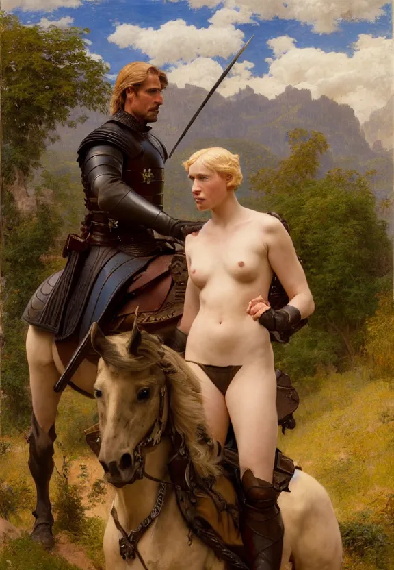 Prompt: attractive handsome fully clothed jaime lannister confesses his love for attractive fully armored brienne of tarth. centered composition. arthurian mountain and forest background. highly detailed painting by gaston bussiere and j. c. leyendecker and william adolphe bouguereau and fra angelico and octane render, musee d'orsay 8 k