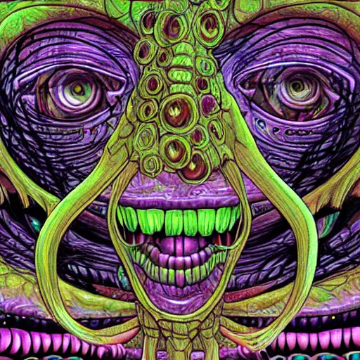 Image similar to closeup of an adorable cyber demoness, cute, eldritch woman abomination of unimaginable horror by alex grey and junji ito, speculative evolution, psychedelic illustration