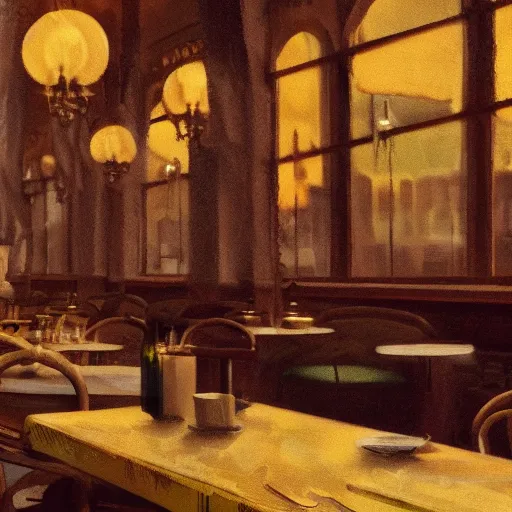 Prompt: brown cat with yellow eyes is sitting at table in a cafe at paris in early 2 0 th century. atmospheric feeling, warm colours, brown colours, yellow colours, epic scene, cinematic, very detailed, octane render