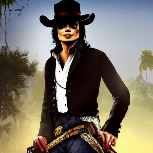 Image similar to michael jackson in the red dead redemption loading screen, masterpiece, 8 k, 4 k, art by daren bader