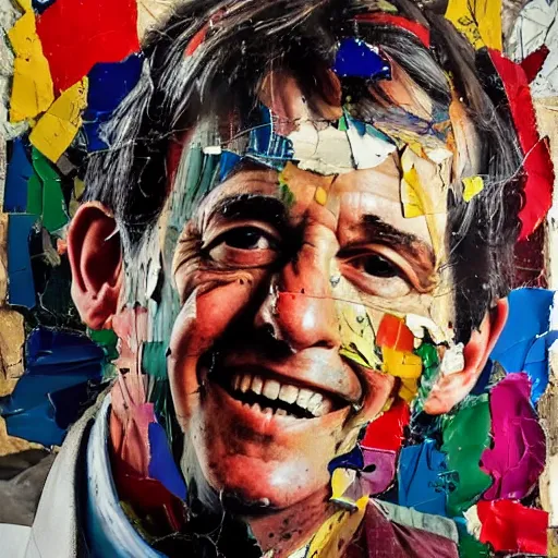 Image similar to a portrait a very ordinary person, by Mimmo Rotella, ripped, torn poster, abstract, vivid colors, flat bold color, facing front, oil painting, anatomically correct, beautiful perfect face, sharp focus, Highly Detailed, Cinematic Lighting