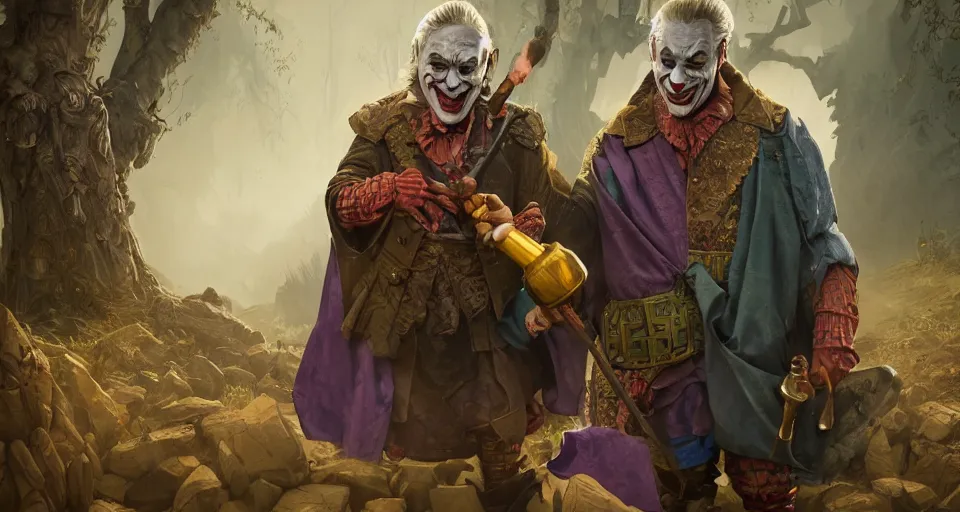 Image similar to robert de niro as medieval joker, crazy colorful clothing with a heavy golden mace in his left hand and a beer jug in his right hand, full body portrait, symmetrical face, intricate details, wandering through a forbidden forest, trending on artstation, 8k hyperrealistic, style of peter mohrbacher, octane render, unreal engine