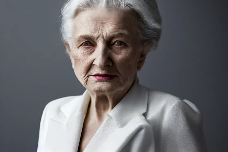 Image similar to a realistic studio cinematic headshot portrait of a beautiful old woman, wearing futuristic white suit, thunder, weather, 4 k, ultra realistic, dramatic lighting, vogue, fashion, by annie leibovitz