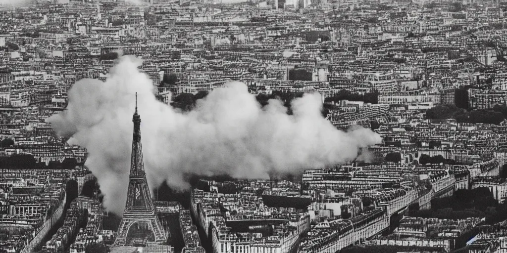 Image similar to extensive smoke rising from the top of the eiffel tower, aerial view, several police cars and crowds running across the ground, polaroid, 6 0's, hyperrealism, no blur, 4 k resolution, ultra detailed