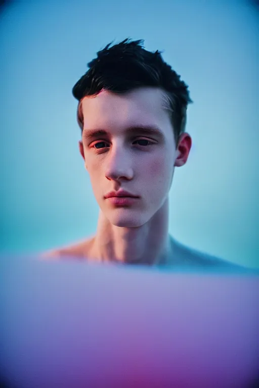 Image similar to high quality pastel coloured film mid angle selfie photograph of a beautiful young 2 0 year old male, soft features, short black hair, resting in an icelandic black rock environment. atmospheric. three point light. photographic. art directed. ( pastel colours ). volumetric light. clearcoat. waves glitch. 8 k. filmic.