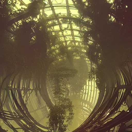 Image similar to 1 9 0 0 s photo overgrown zaha hadid alphonse mucha spaceship symmetry godrays haze ruins in jungle dripping sunlight