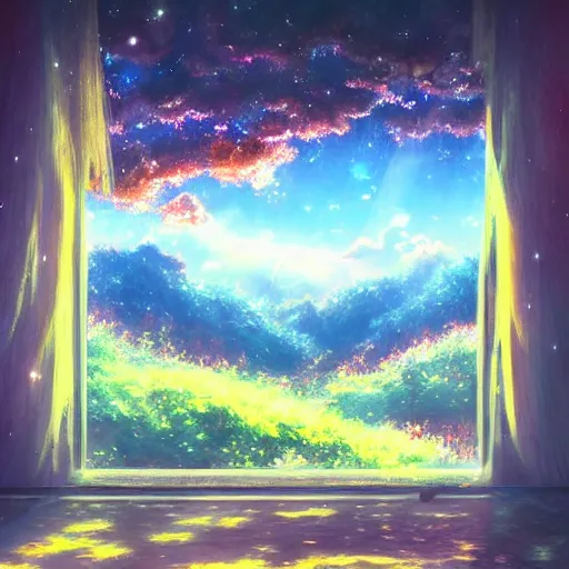 Image similar to a heavenly dream view from the interior of my cozy dream world filled with color from a Makoto Shinkai oil on canvas inspired pixiv dreamy scenery art majestic fantasy scenery fantasy pixiv scenery art inspired by magical fantasy exterior