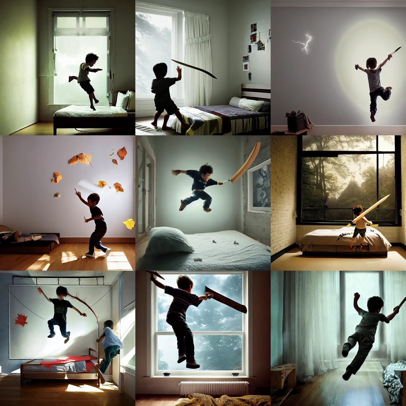 Prompt: little boy jumping over his bed playing with a wooden sword, big window, lightnings, tree leaves floating, music, magical enemies, posters on the wall, boy's room, photograph high detail, jeremy geddes miyazaki natural volumetric light