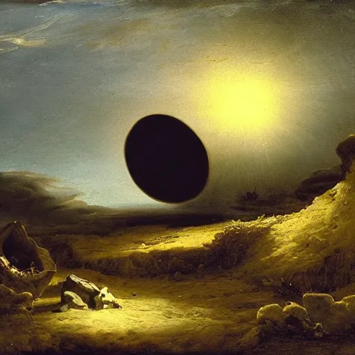 Image similar to by jacob van ruisdael funereal. a beautiful land art of a black hole consuming a star.