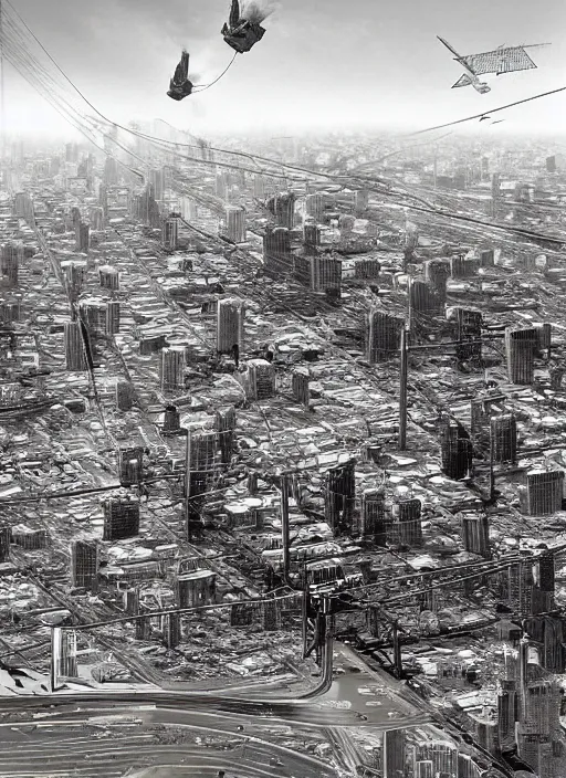 Image similar to a low angle shot and Hyper detailed photograph, of a large building that is flying above dried out miami city, large clumbs of cables and trash hanging underneath it, dust clouds of smoke in the air, fainting palmtrees, and scattered infrastructure, broken neon billboards and a Zeppelin flying close, hyperrealism