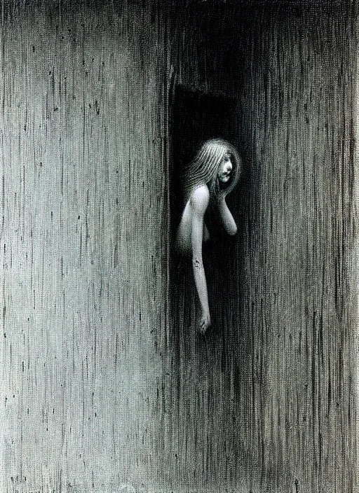 Image similar to pale girl in rags inside cage by Beksinski