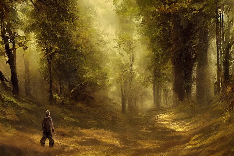 Prompt: concept art mood painting environment painting man walking down winding forest path 7 am early morning lord of the rings. style of ryan church jon mccoy george hull painting