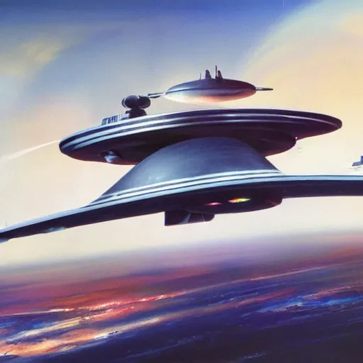 Image similar to U.S.S. Enterprise from Star Trek, orbiting a planet, painted in the style of John Berkey