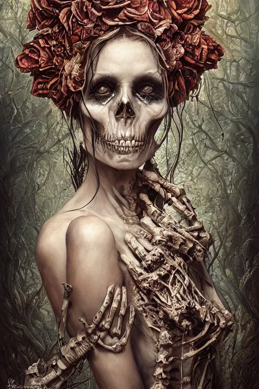 Prompt: very complex hyper-maximalist overdetailed cinematic darkfantasy portrait of a beautiful skeleton woman by andrei riabovitchev, tomasz alen kopera, oleksandra shchaslyva. Omnious intricate, octane, Deviantart, hyper detailed illustration, 8k