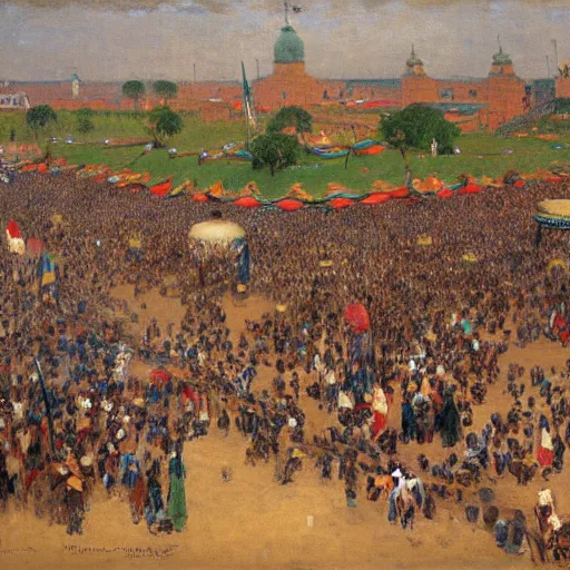 Image similar to dahomey officials with completely flat colorful umbrellas in ahomey's huge main square, from above, 1905, highly detailed, oil on canvas, by ilya repin