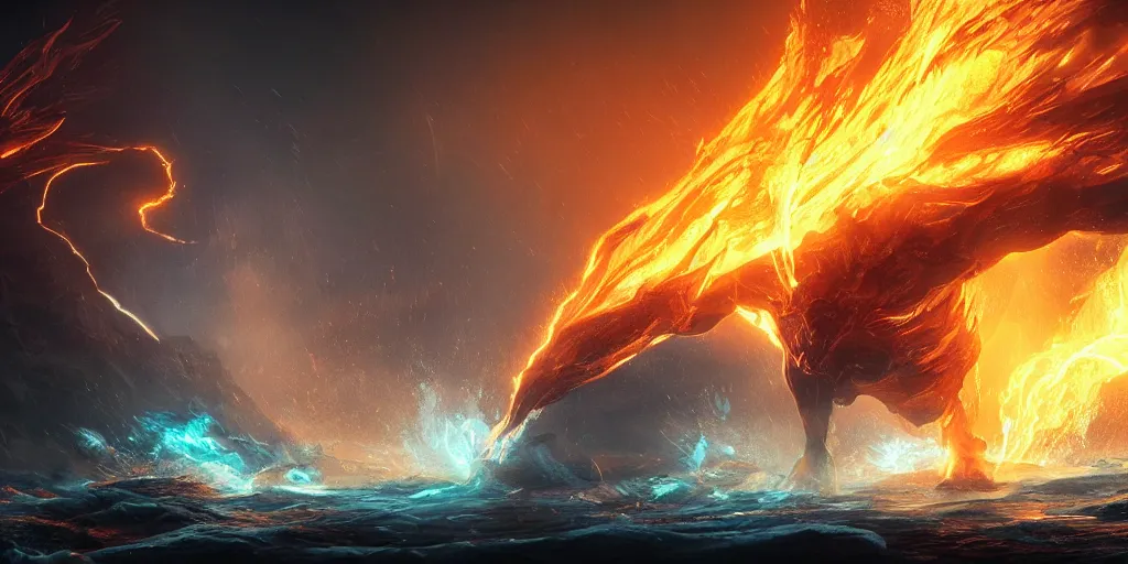 Prompt: A creature made of energy flows of water and fire, a highly detailed epic cinematic concept art CG render, made in Photoshop, excellent composition, dynamic dramatic cinematic lighting, volumetrics, glow, by Dang My Linh