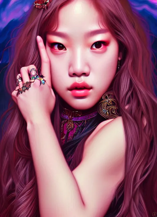 Prompt: jennie manoban of blackpink, tarot card, highly detailed, digital painting, smooth, sharp focus, illustration, ultra realistic, 8 k, art by artgerm and alphonse mucha