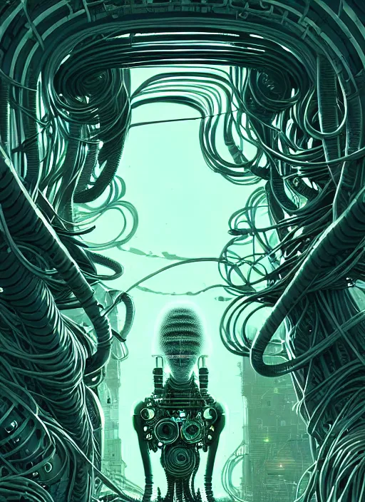 Image similar to highly detailed portrait of a biopunk long curly white hair tribal lady, stray wiring by atey ghailan, james gilleard, by joe fenton, by greg rutkowski, by greg tocchini, by kaethe butcher, 4 k resolution, gradient green, black and white color scheme!!! ( ( irradiated robotic pyramid landscape background ) )