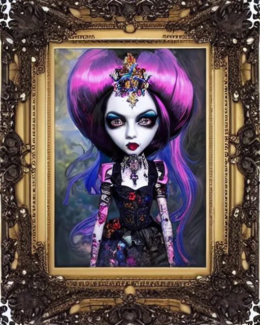 Image similar to maximalist baroque bedazzled gothic royalty frames surrounding a watercolor portrait of maximalist monster high draculaura doll, stephen bliss, unreal engine, by greg rutkowski, loish, rhads, makoto shinkai and lois van baarle, ilya kuvshinov, rossdraws, global illumination, radiant light, detailed and intricate environment, watercolor lighting