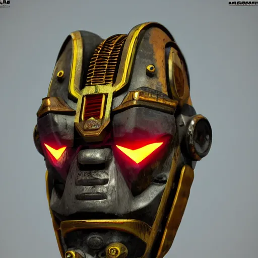 Prompt: atompunk tribal mask, robot, japanese pottery, vivid colors, wood, metal, intricate details, trending on cgsociety, concept art, glowing eyes, sharp focus, ultra realistic details, cinematic atmosphere, global illumination, shadows, octane render, 8 k
