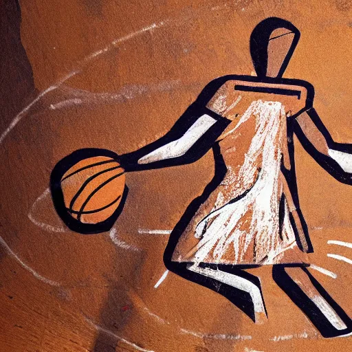 Prompt: Ancient cave painting of a basketball player, photo