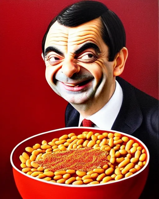 Image similar to portrait of mr bean smiling in a bowl full of baked beans, face fully covered in beans and tomato sauce, soft red skin, baked beans for eyes, rowan atkinson, mr bean face, oil painting, highly detailed