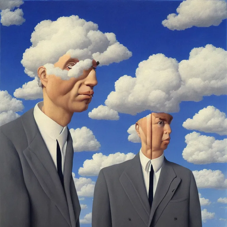 Image similar to portrait of a man made out of clouds in a suit, by rene magritte, detailed painting, hd, hq, high resolution, high detail, 4 k, 8 k