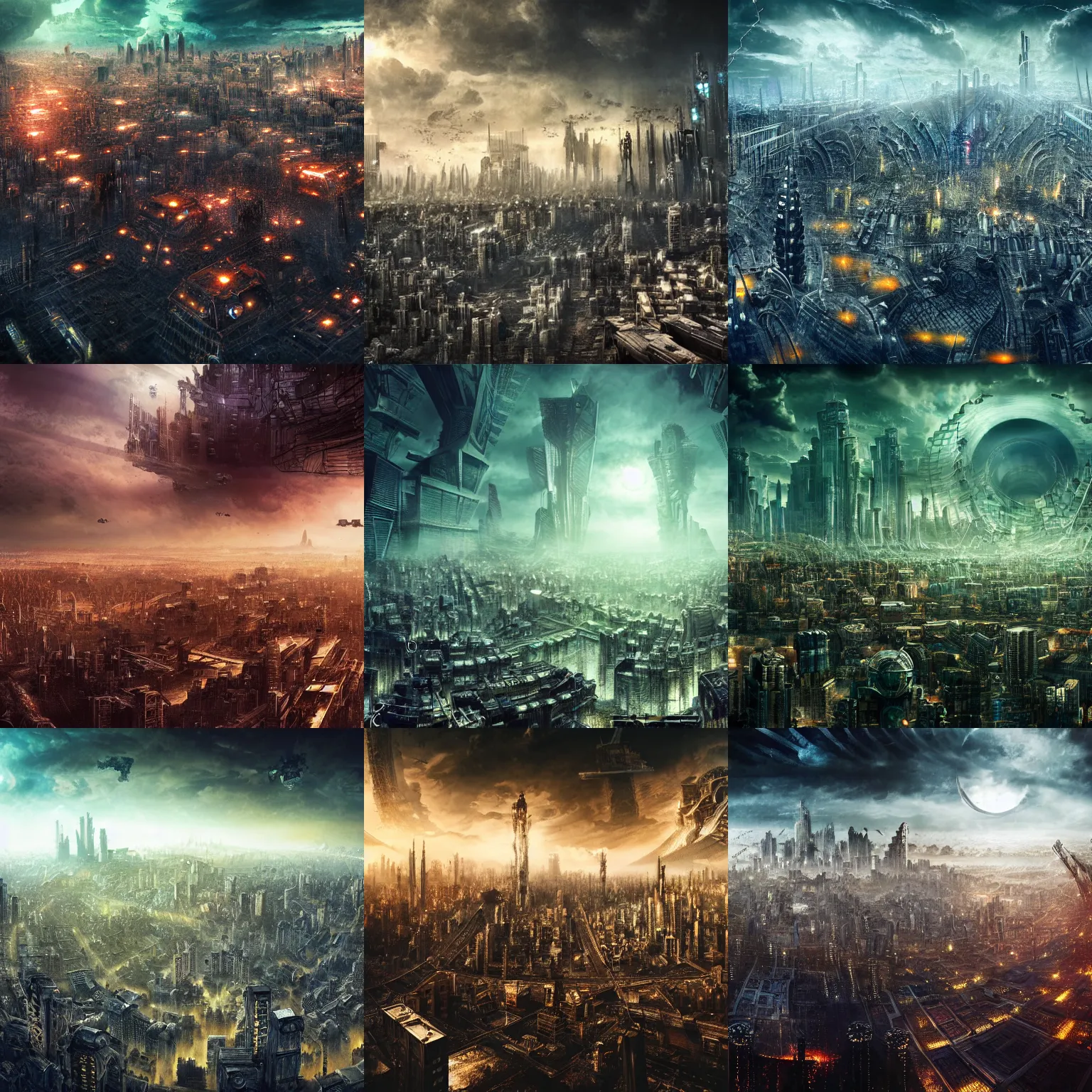 Prompt: megacity, hive city, futuristic dystopian endless, intricate, complex, labyrinthine, byzantine, tangled, matte painting, night, gloomy, dark, dramatic, cinematic, volumetric lighting, gods eye view