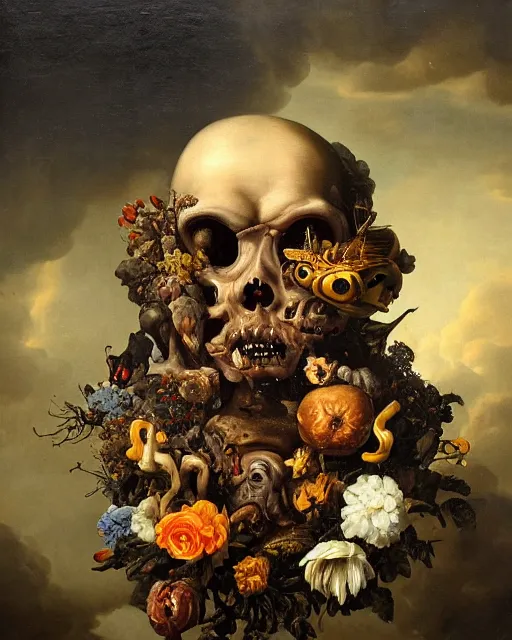 Image similar to refined gorgeous blended oil painting with black background by christian rex van minnen rachel ruysch dali todd schorr of a chiaroscuro portrait of an extremely bizarre disturbing mutated man made of still life flowers and rubber insects with shiny skin acne dutch golden age vanitas intense chiaroscuro cast shadows obscuring features dramatic lighting perfect symmetry perfect composition masterpiece