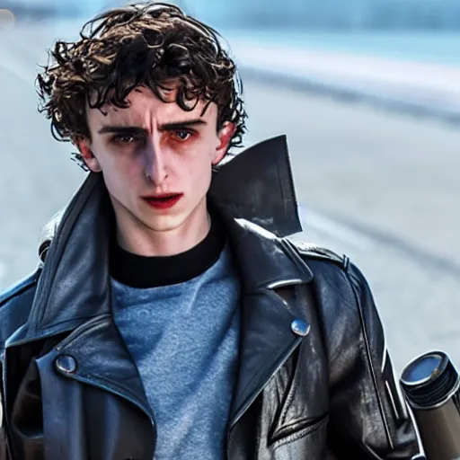 Image similar to new 4k still from 2023 Terminator reboot staring Timothy Chalamet as terminator