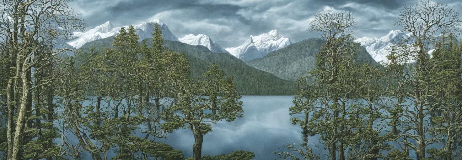 Image similar to escher painting of a lake, big trees reflecting on lake surface, mountains at background, snowy, ultra sharp, ultra detailed, horror emotion, colorized by salvador