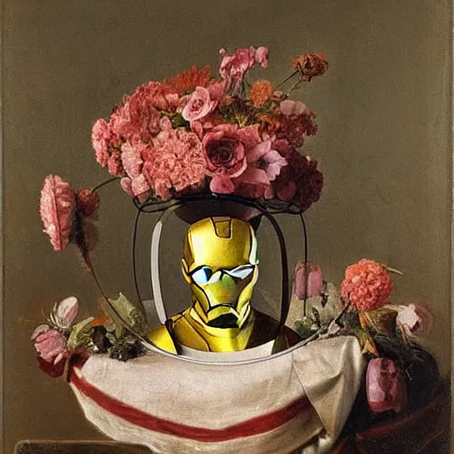 Image similar to A still life of Iron Man's helmet and a vase full of flowers, by Sientje Mesdag Van Houten