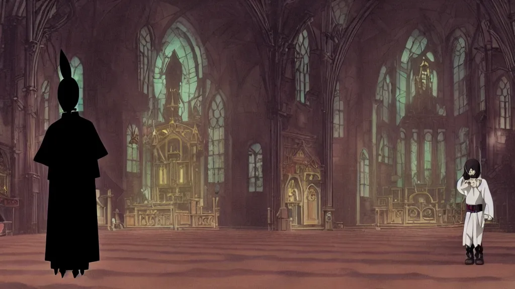 Image similar to a man wearing black priest clothes and a black rabbit mask standing in a black obsidian church, anime film still from the an anime directed by Katsuhiro Otomo with art direction by Salvador Dalí, wide lens