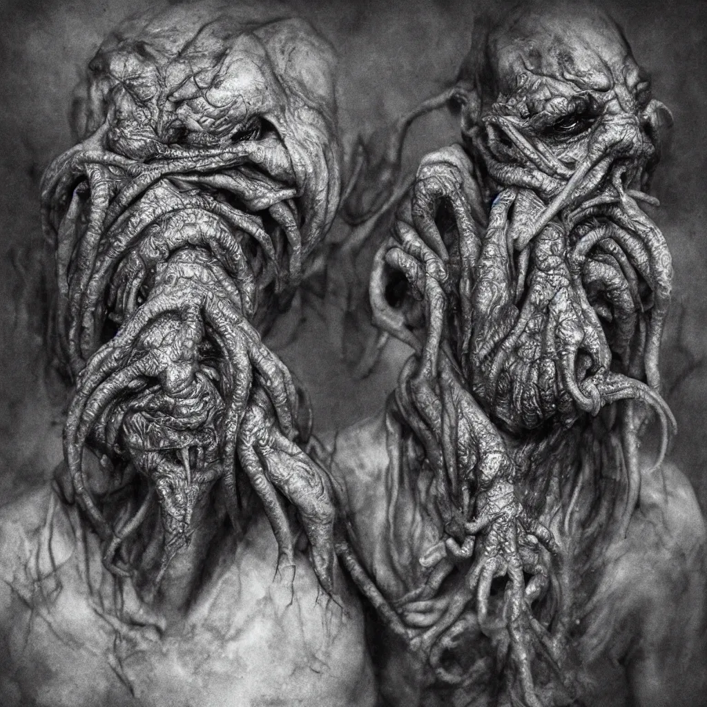 Prompt: super detailed studio portraits of innsmouth dwellers, innsmouth ocean - dwellers, mutant, fishmen, lovecraftian, cthulhu, hp lovecraft style, artistic photo, noir, monochrome, dark atmosphere, commercial photography, fine art, leica, hasselblad quality, beksinski style