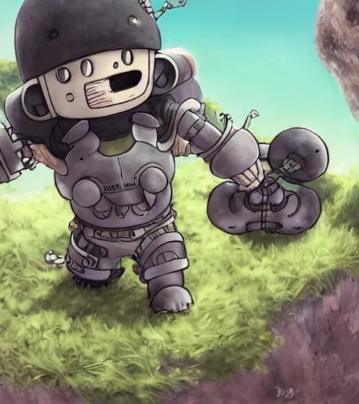 Image similar to beautiful little boy wearing an cyborg bear suit, artwork in kentaro miura and made in abyss, inspired in super bomberman, smooth, beautiful lightness, anatomically correct, trending on pixiv, space