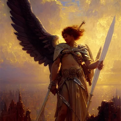 Image similar to saint michael the angel, guarding the world from evil. highly detailed painting by gaston bussiere, greg rutkowski 8 k