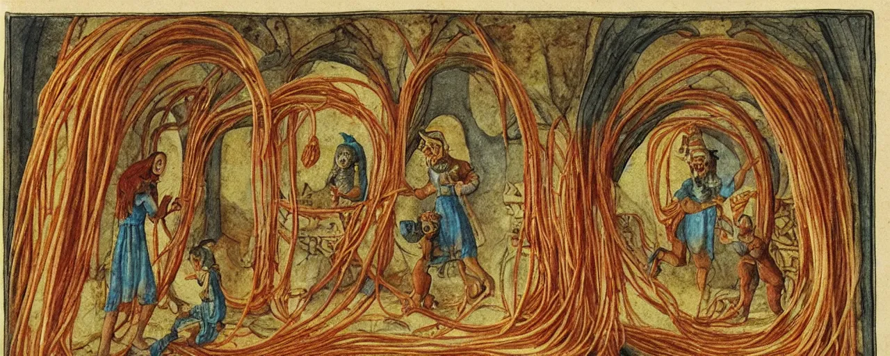 Image similar to ancient manuscripts detailing spaghetti, in the style of grimm's fairytales, fine detail, kodachrome