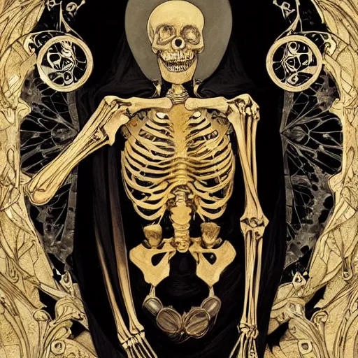 Image similar to a skeleton in a black cloak, highly detailed, very intricate, art nouveau, gold filigree, left right symmetry, tarot concept art watercolor illustration by mandy jurgens and alphonse mucha and alena aenami, featured on artstation