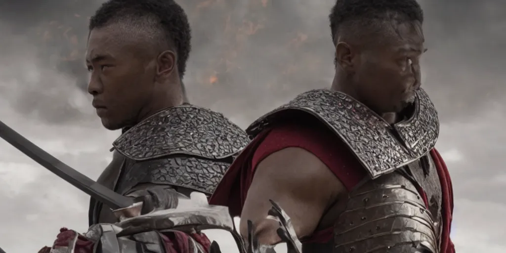 Prompt: a film still of a black man starring in a japanese blockbuster film as samurai on fire, shallow depth of field, cinematic, award winning cgi, vfx, film still