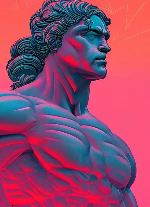 Image similar to statue of hercules, heroic, beeple, android jones, dan mumford, vaporwave, retrowave, black background, neon wiring, black, glitch, strong contrast, cuts, pinterest, trending on artstation