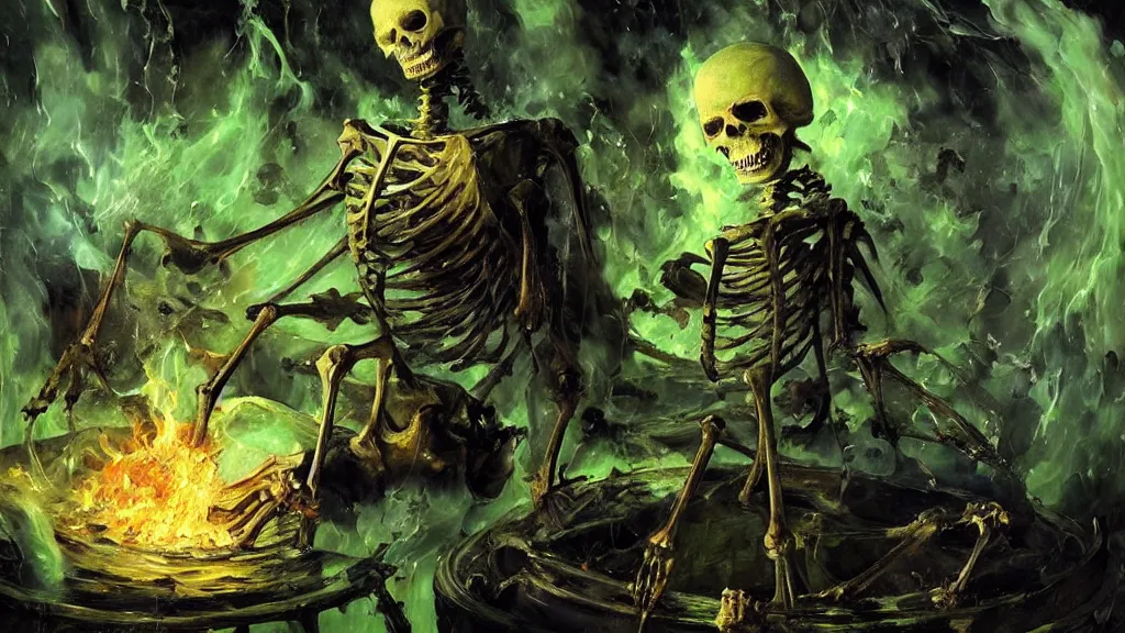 Image similar to A highly detailed oil painting by Greg Rutkowski and Afremov of a skeleton wearing black robes making a potion glowing bright green in a huge bubbling cauldron, highly detailed fantasy concept artwork, very realistic.