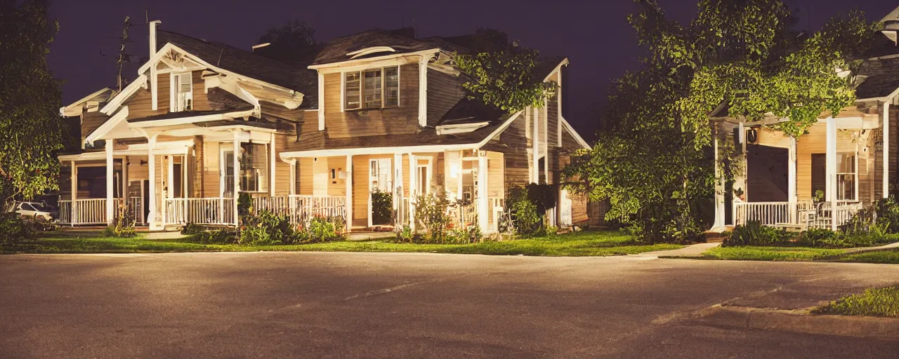 Image similar to a nostalgic photograph of a suburban home at night during summer, by closecore