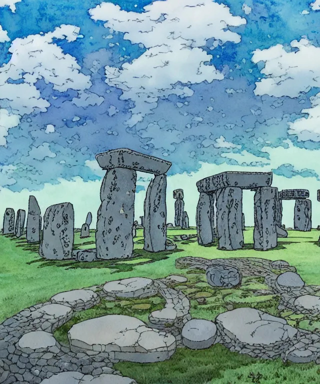 Image similar to a hyperrealist studio ghibli watercolor fantasy concept art. in the foreground is a giant grey octopus building and putting stones in to place on top of stonehenge with a starry sky. by rebecca guay, michael kaluta, charles vess