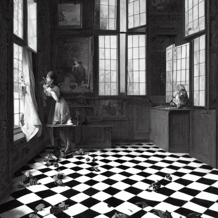 Image similar to pieter de hooch, trending on artstation, highly detailed, black and white checkerboard floor in the middle of the rainforest, intricate, elegant