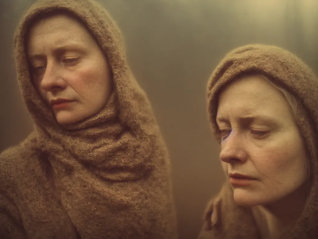 Prompt: close up portrait bust of woman, solemn expression, faded color film, russian cinema, tarkovsky, kodachrome, heavy forest, wood cabin in distance, deep depth of field, long brown hair, old clothing, heavy fog, atmospheric haze, brown color palette, sunset, low light, hudson river school, 4 k, dramatic lighting
