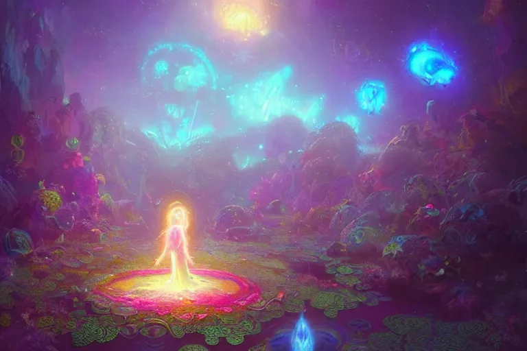 Prompt: a psychedelic realm made entirely out of love and acceptance, astral beings sharing love. filled with cute smiling glowing chibi style pixar baby dinosaurs in the style of greg rutkowski! and wlop and lisa frank! and bob ross!!! and ruan jia, illustration, epic, fantasy, hyper detailed, smooth, unreal engine, sharp focus, ray tracing