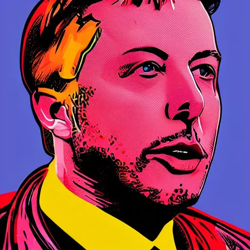 Image similar to portrait pop art comic illustration ofElon Musk, profile view, bright colors, high detail, angry, sullen